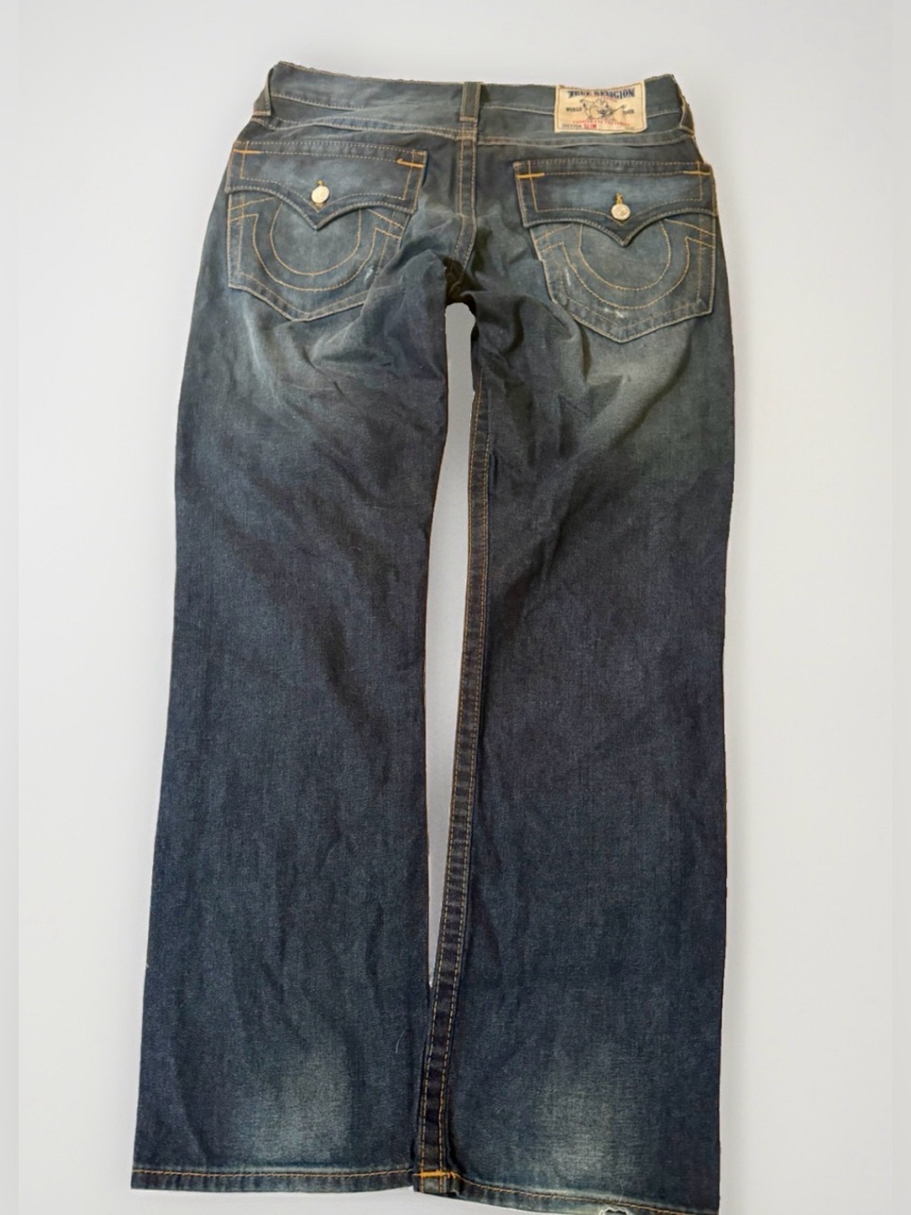 True Religion Ricky Big T Jeans 33x34 Blue Thick Stitch Flap Pockets Made In USA